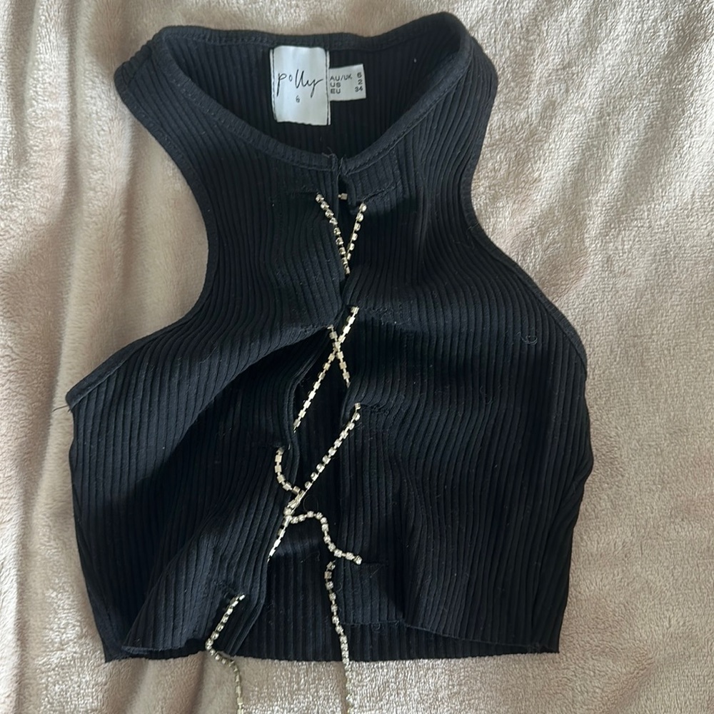 Rhinestone lace up black crop top